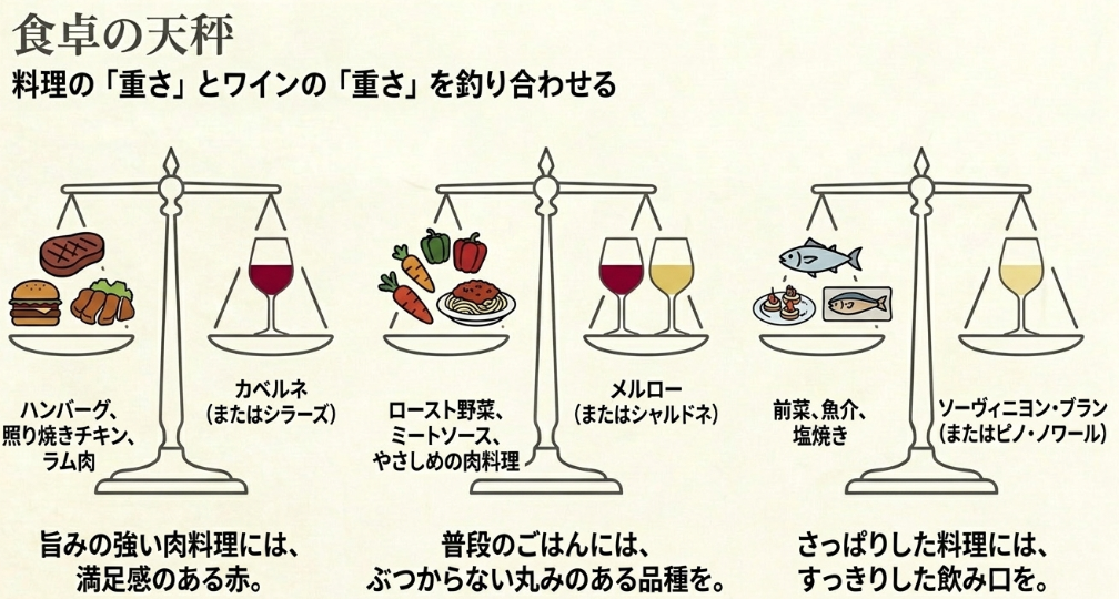 肉料理、普段の食事、魚介料理に合うプダワインの種類を天秤で示した図解