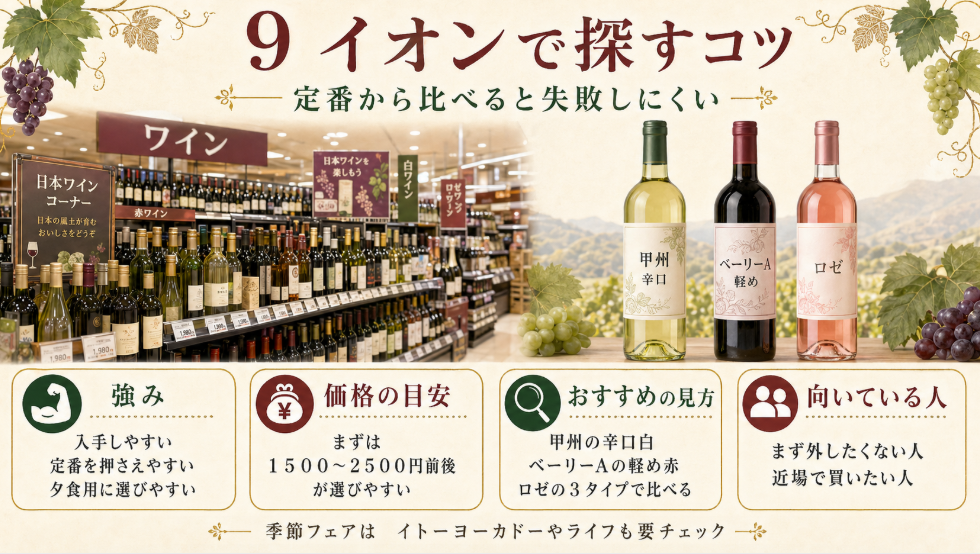 イオンで山梨ワインを探すときの強み、価格目安、おすすめの見方、向いている人をまとめた図
