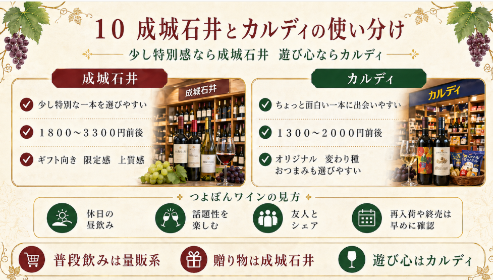 成城石井はギフトや特別感、カルディは個性や遊び心を楽しむ店として使い分ける方法を解説した図
