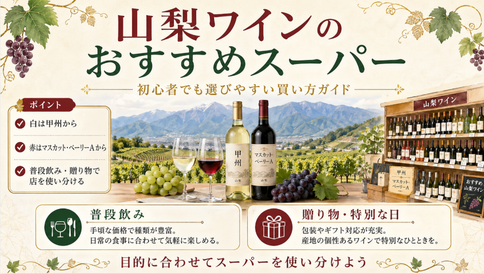 山梨ワインをスーパーで選ぶときの基本と、普段飲み・贈り物での使い分けをまとめた図