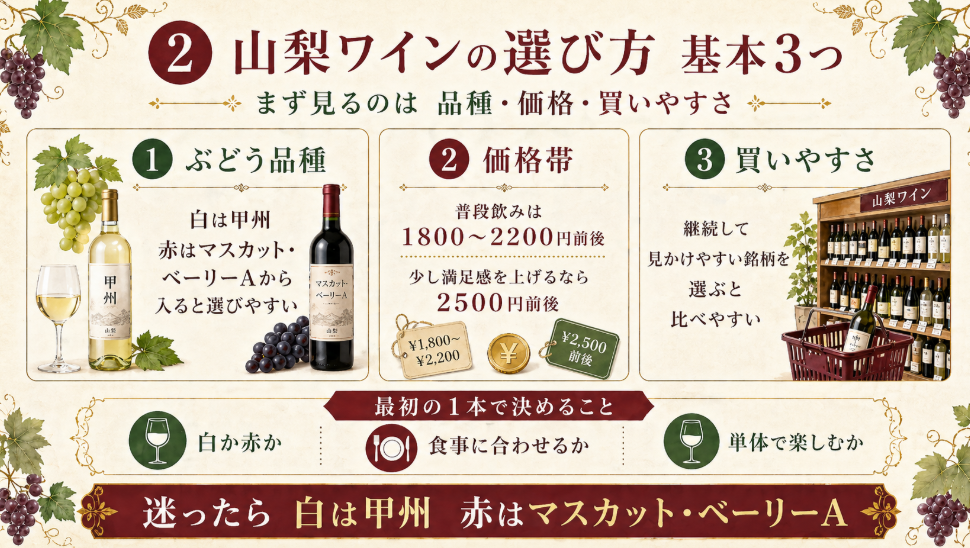 山梨ワインを選ぶときに見るべき品種、価格帯、買いやすさの3つの基準を解説した図