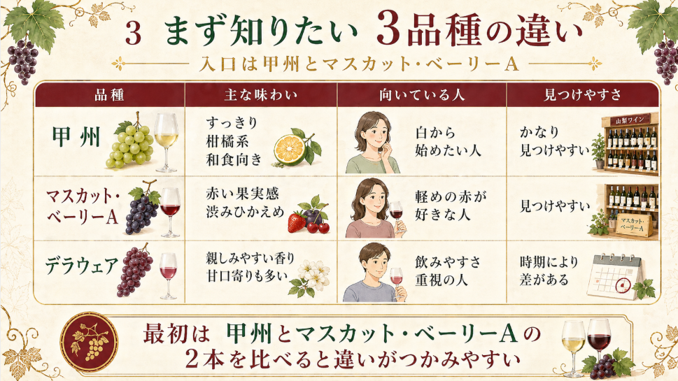甲州、マスカット・ベーリーA、デラウェアの味わいと向いている人を比較した表