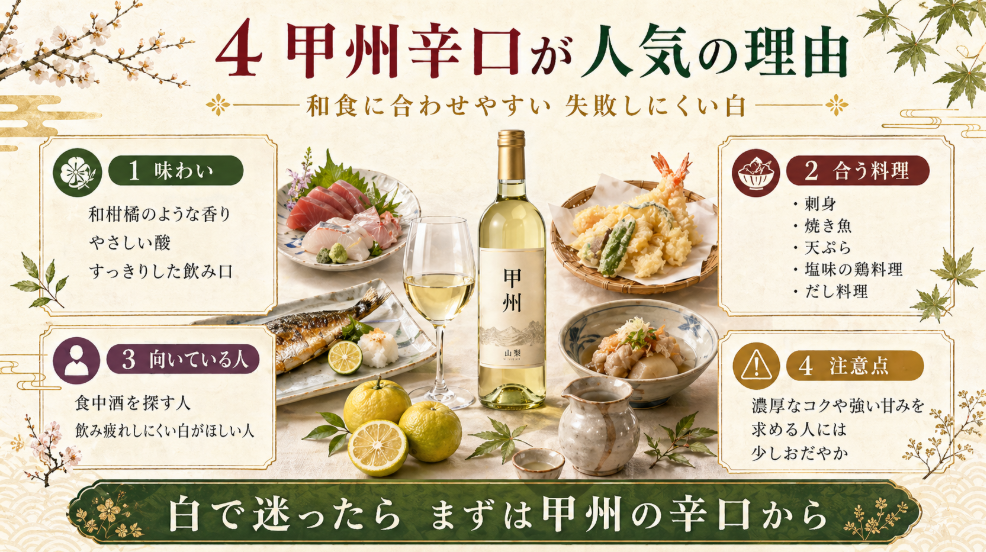 甲州辛口ワインの味わい、合う料理、向いている人、注意点をまとめた図
