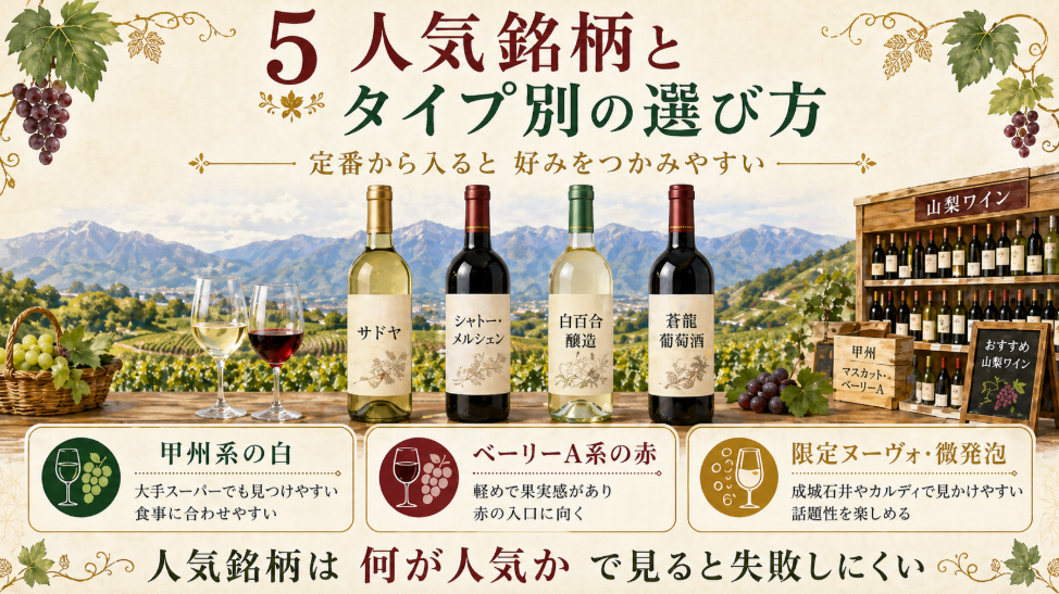 スーパーで見つけやすい山梨ワインの人気銘柄と、甲州系の白、ベーリーA系の赤、限定品の選び方を解説した図