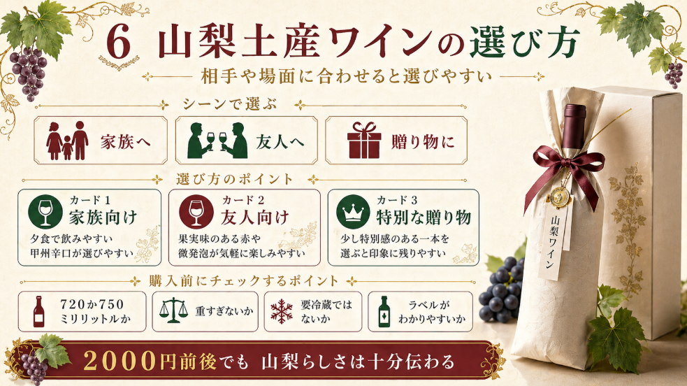 家族、友人、贈り物など相手や場面に合わせた山梨土産ワインの選び方をまとめた図