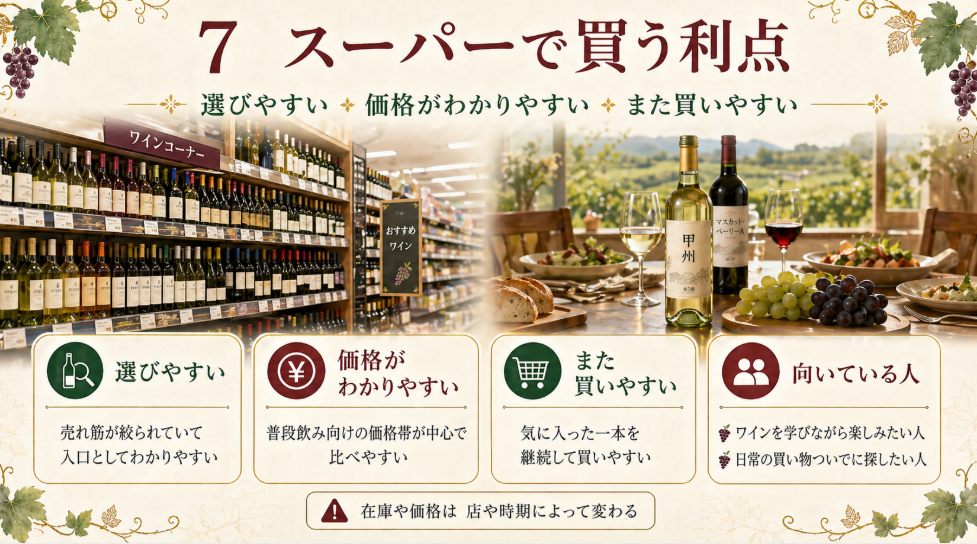 山梨ワインをスーパーで買うと選びやすく、価格が分かりやすく、再購入しやすいことを説明した図