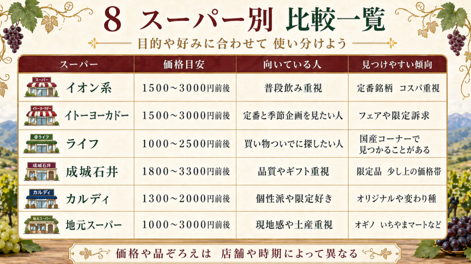 イオン系、イトーヨーカドー、ライフ、成城石井、カルディ、地元スーパーの価格目安と向いている人を比較した表