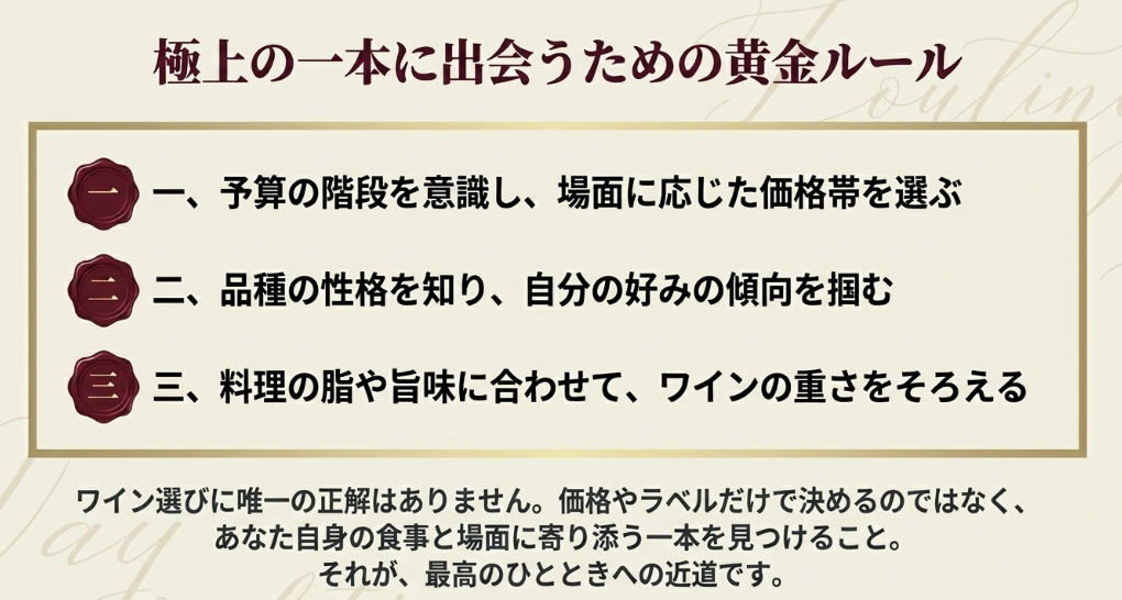 成城石井でフルボディ赤ワインを選ぶ際に、予算・品種・料理の3点を意識する重要性をまとめたスライド