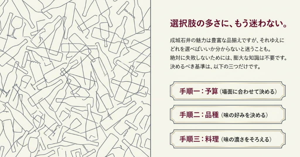 成城石井の豊富なワインから、予算・品種・料理の順に選ぶ流れを説明したスライド
