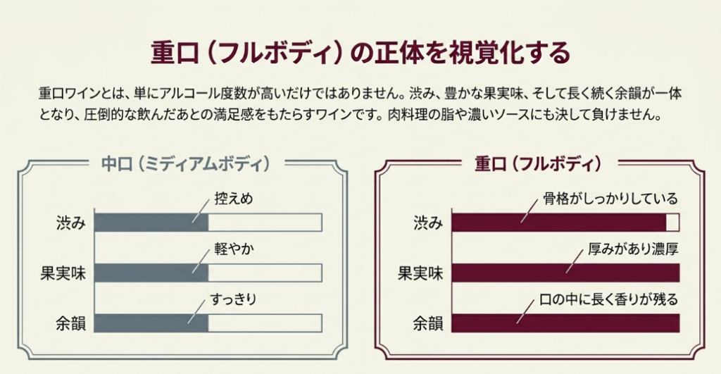 フルボディ赤ワインとミディアムボディの渋み・果実味・余韻の違いを比較した図