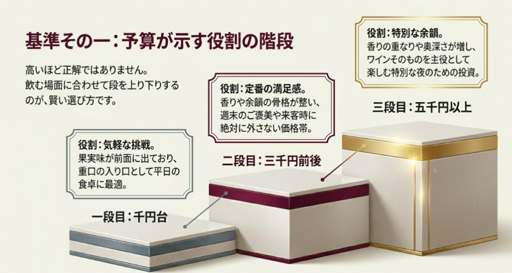成城石井のフルボディ系ワインを千円台・三千円前後・五千円以上の3段階で整理したスライド
