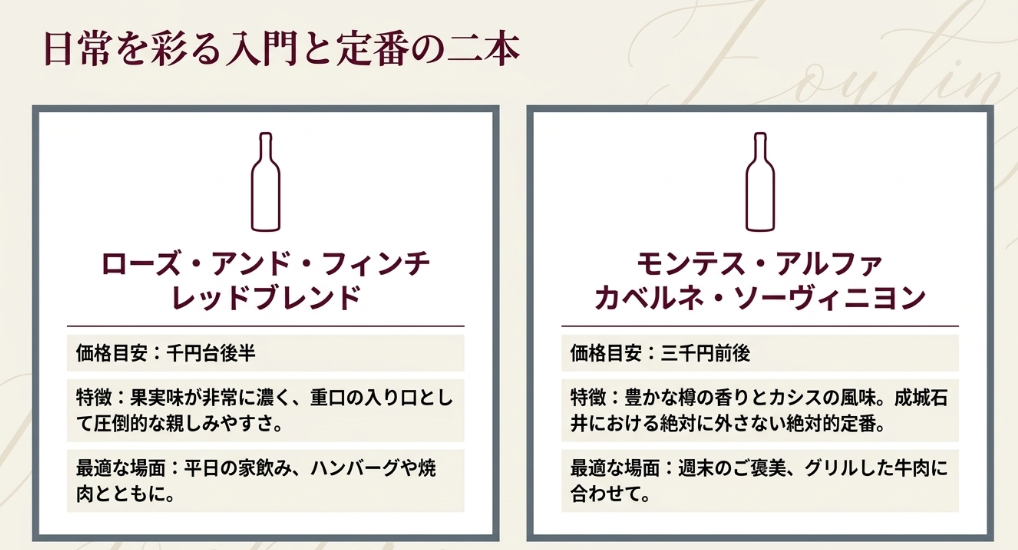 ローズ・アンド・フィンチとモンテス・アルファの価格目安、特徴、合う料理を比較したスライド