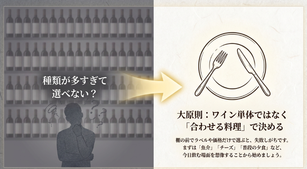 ワイン売り場で迷う人に向けて、ワイン単体ではなく合わせる料理で選ぶという考え方を説明したスライド
