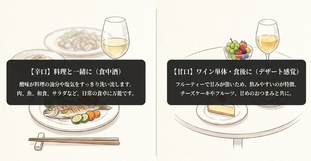 辛口白ワインは食中酒、甘口白ワインは単体や食後向きであることを料理イラストとともに説明したスライド