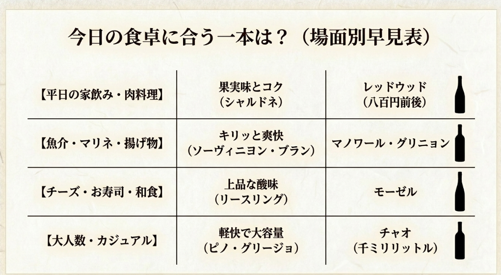 家飲み、魚介、チーズ、カジュアルな場面ごとに合う白ワインのタイプをまとめた早見表