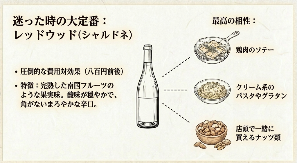 レッドウッドのシャルドネを例に、鶏肉のソテー、クリーム系パスタ、ナッツとの相性を紹介したスライド