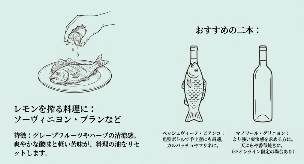 レモンを搾る魚料理に、爽やかな酸味と軽い苦みのソーヴィニヨン・ブランが合うことを示したスライド