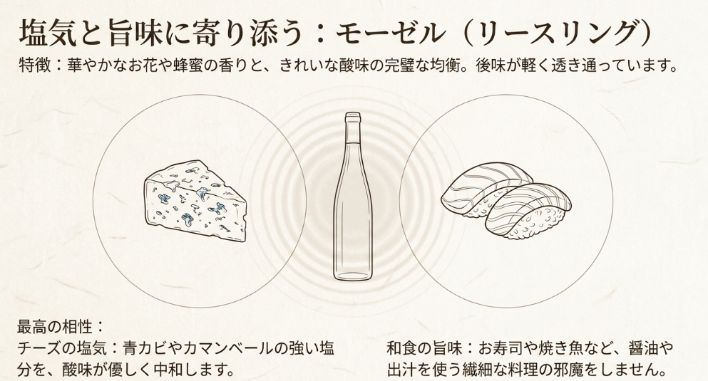 モーゼルのリースリングを例に、チーズの塩気や寿司・焼き魚など和食の旨味との相性を説明したスライド