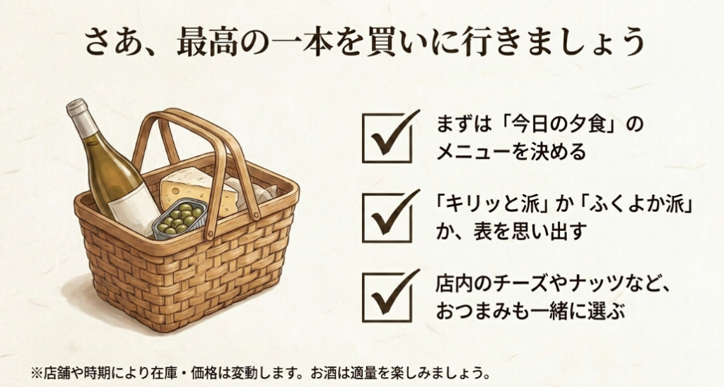 今日の夕食を決め、味わいの方向性を選び、おつまみも一緒に選ぶ流れをチェックリストで示したスライド