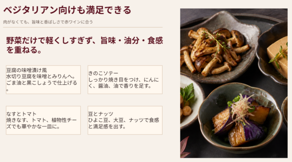 豆腐、きのこ、なす、豆、ナッツを使って赤ワインに合うベジタリアン向けおつまみを作るコツをまとめたスライド
