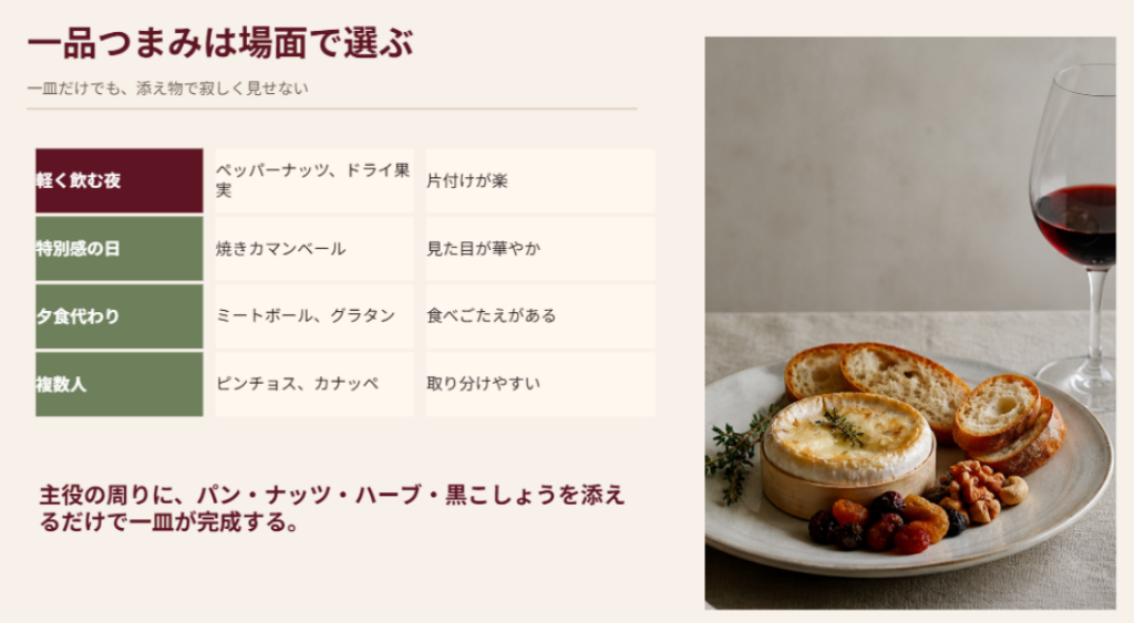 軽く飲む夜、特別感を出したい日、夕食代わり、複数人など場面別に一品つまみを選ぶスライド
