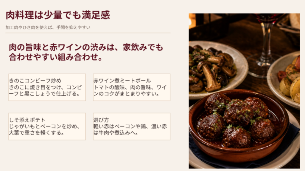 きのこコンビーフ炒め、赤ワイン煮ミートボール、しそ添えポテトなど肉系おつまみの選び方をまとめたスライド