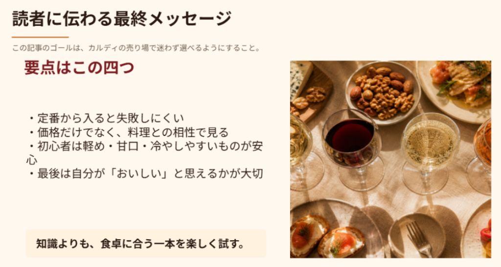 カルディワインは定番から試し、価格だけでなく料理との相性を見て、自分がおいしいと思える一本を選ぶことが大切だとまとめたスライド