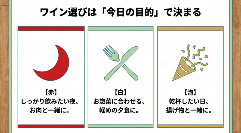 赤ワインは肉料理、白ワインは軽めの食事、スパークリングは乾杯や揚げ物に合うことを示したスライド