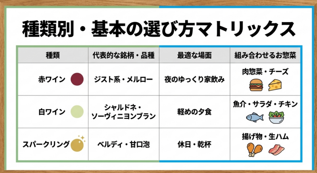 赤ワイン、白ワイン、スパークリングの代表的な品種や最適な場面、合わせやすいおつまみを一覧化した表