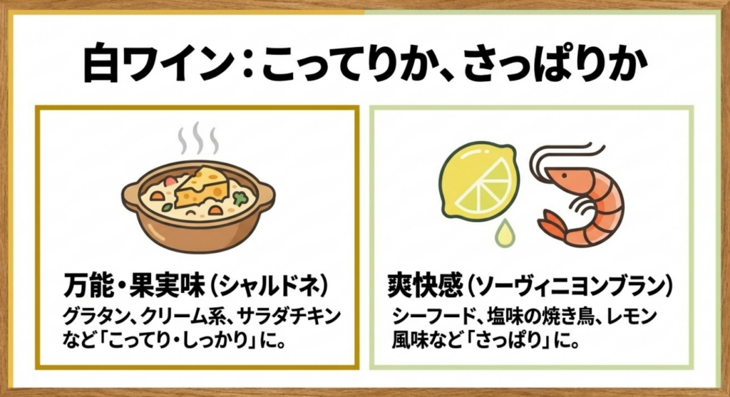 シャルドネはグラタンやクリーム系、ソーヴィニヨンブランはシーフードやレモン風味の料理に合うことを示したスライド