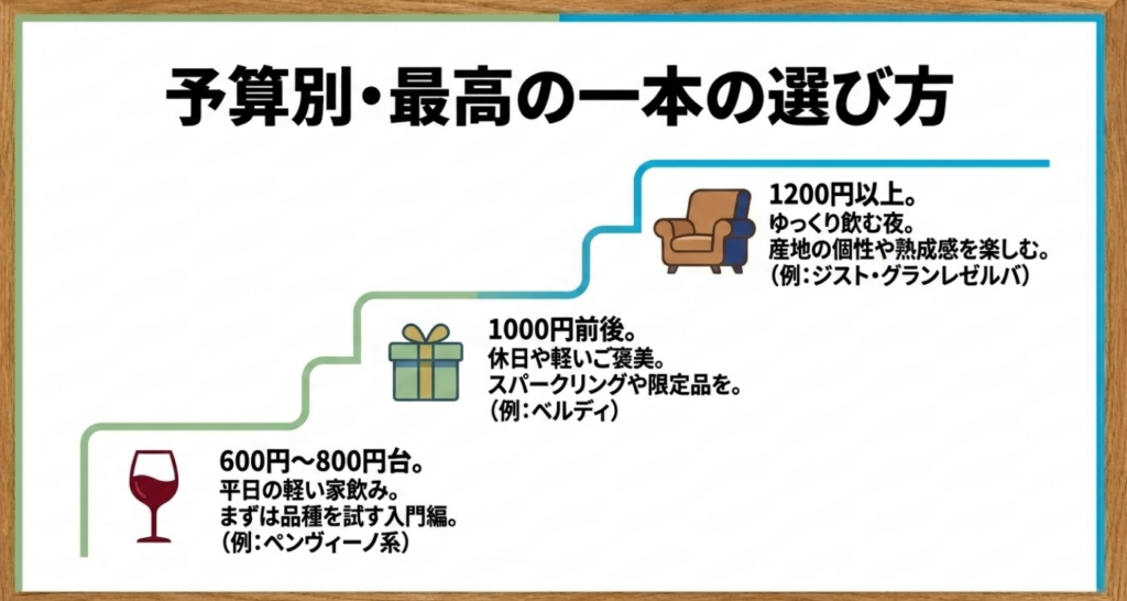 600円から800円台、1000円前後、1200円以上の価格帯別にファミマワインの選び方を整理したスライド