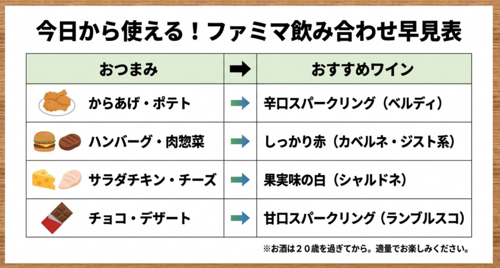 からあげやポテトには辛口スパークリング、ハンバーグには赤、サラダチキンには白、チョコには甘口泡を合わせる早見表