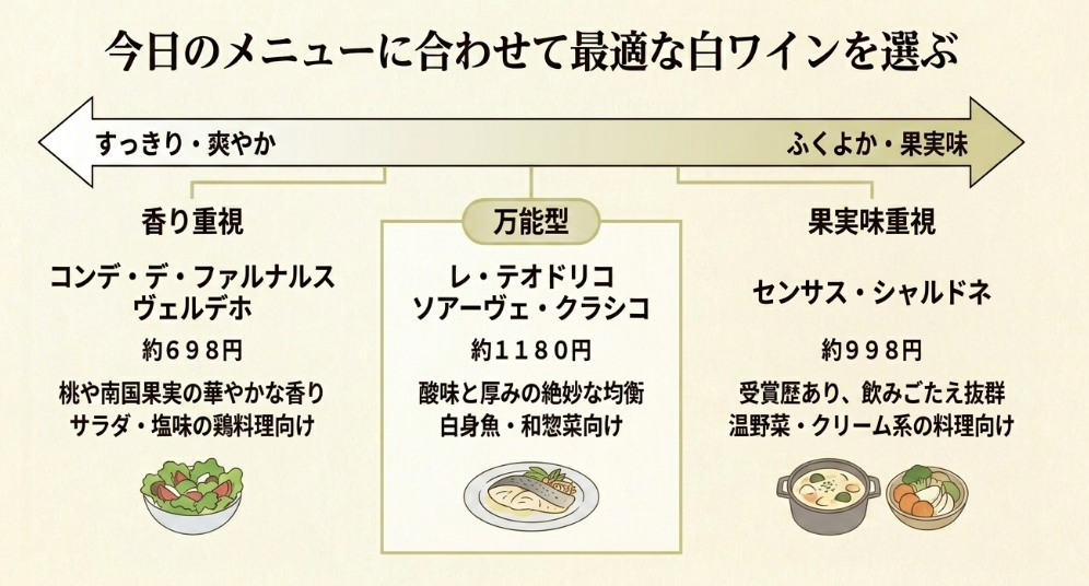 ヤオコー直輸入白ワインを、香り重視のヴェルデホ、万能型のソアーヴェ クラシコ、果実味重視のシャルドネで比較するスライド。