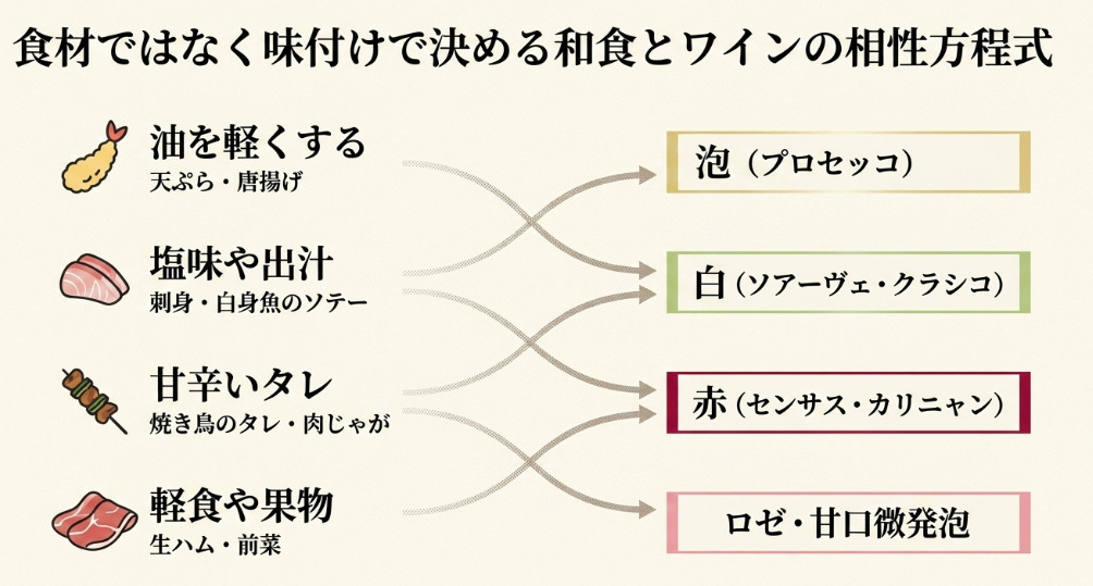 天ぷらや唐揚げにはプロセッコ、刺身や白身魚にはソアーヴェ クラシコ、甘辛いタレにはセンサス カリニャンなど、和食の味付け別に合うワインを示したスライド。