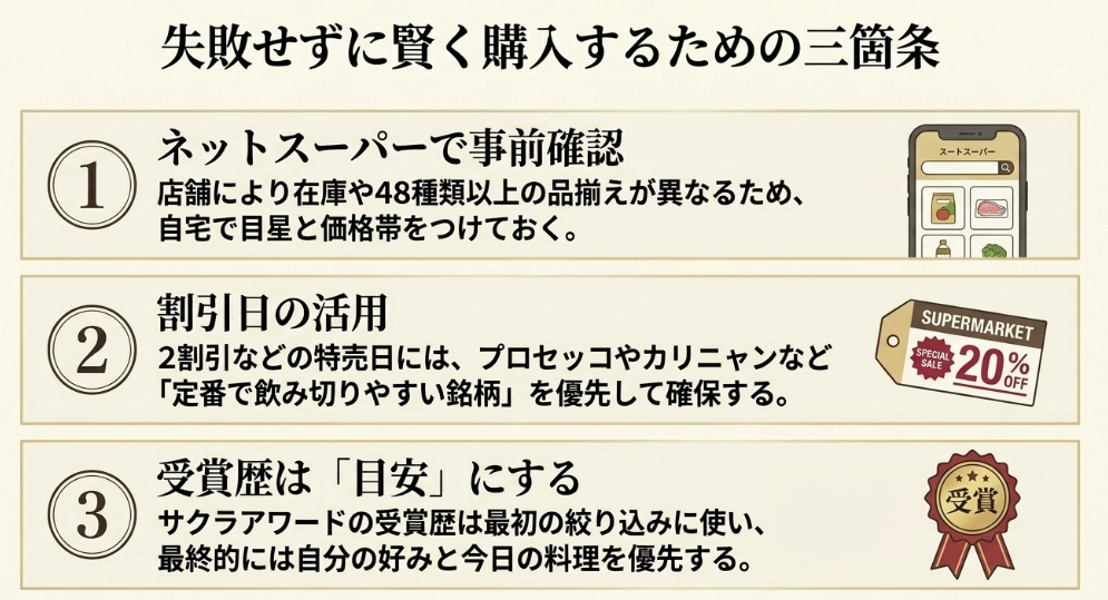 ネットスーパーでの事前確認、割引日の活用、受賞歴を目安にするという購入時の3つのポイントを説明するスライド。