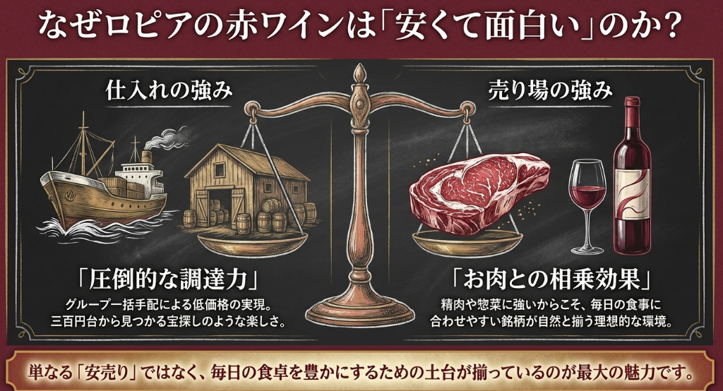 ロピアの赤ワインが安くて面白い理由を仕入れの強みと肉料理との相性で解説した図