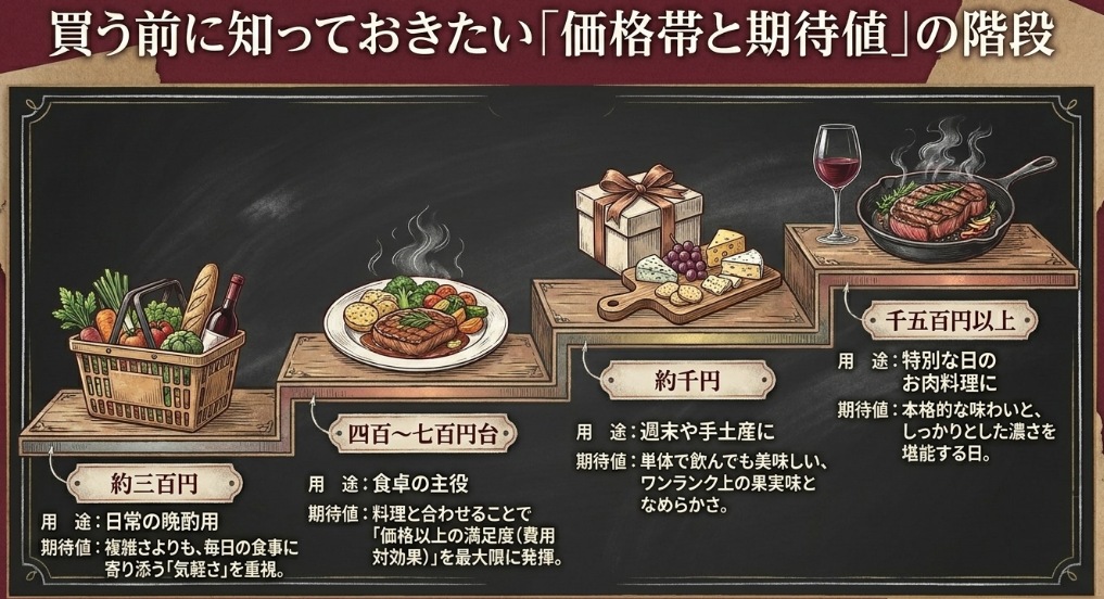 約300円、400〜700円台、約1000円、1500円以上の赤ワインの期待値を整理した階段図