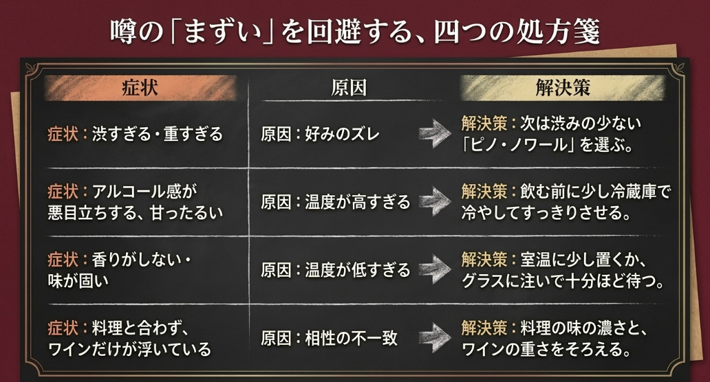 渋すぎる、アルコール感が強い、香りがない、料理と合わない原因と解決策を整理した表