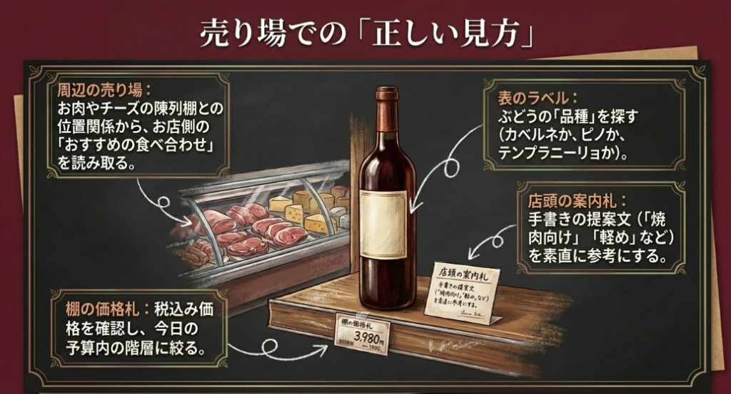 ロピアの赤ワイン売り場で価格札、表ラベル、POP、周辺売り場を見るポイントを示した図