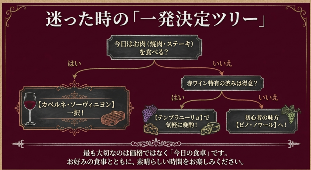 肉料理ならカベルネ、渋みが得意ならテンプラニーリョ、初心者ならピノノワールを選ぶ決定ツリー