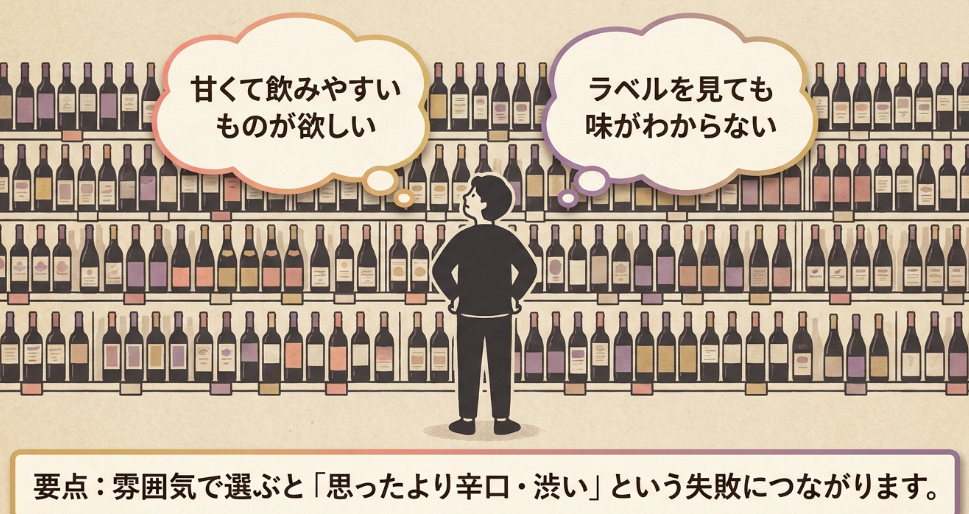 スーパーのワイン売り場で甘くて飲みやすいワインを探す初心者の悩みを表した画像