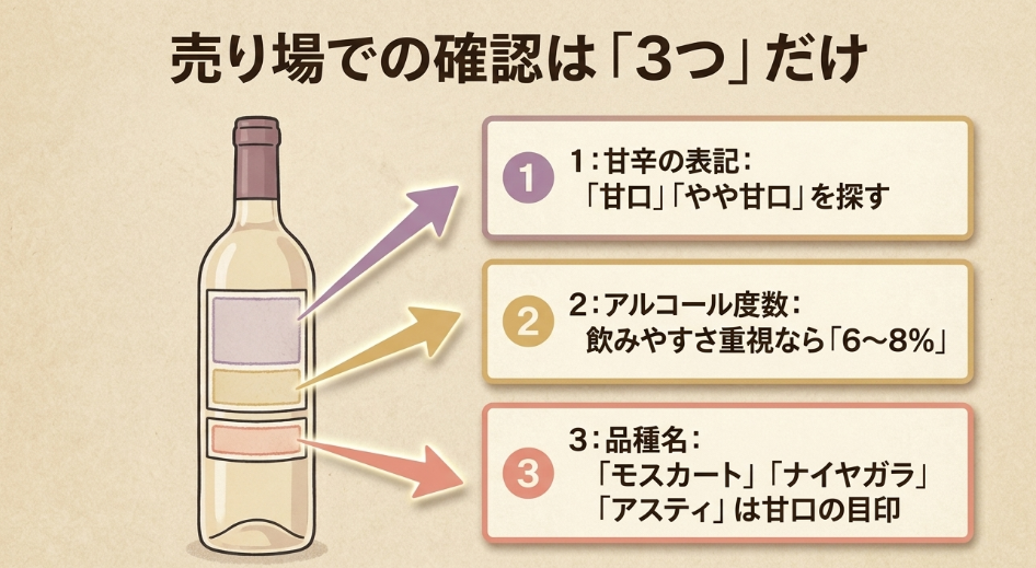 スーパーで甘口ワインを選ぶときに確認したい甘辛表示・アルコール度数・品種名の3つのポイント