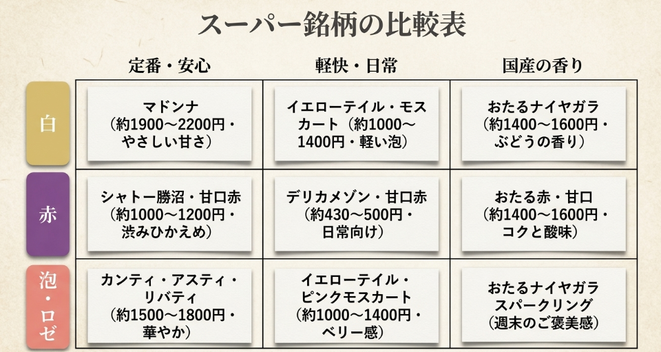 スーパーで買いやすい甘口ワインを白・赤・泡ロゼ別に価格帯や特徴で比較した表
