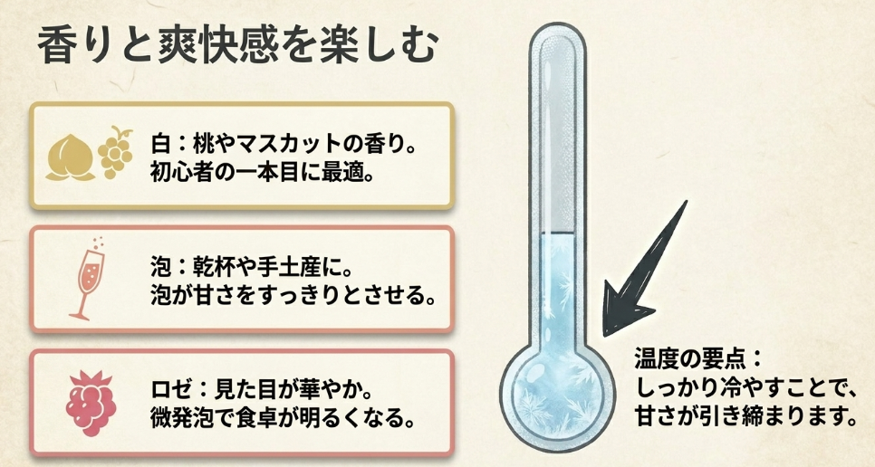 白ワイン、泡、ロゼの甘口ワインを冷やして香りと爽快感を楽しむポイントを示した画像