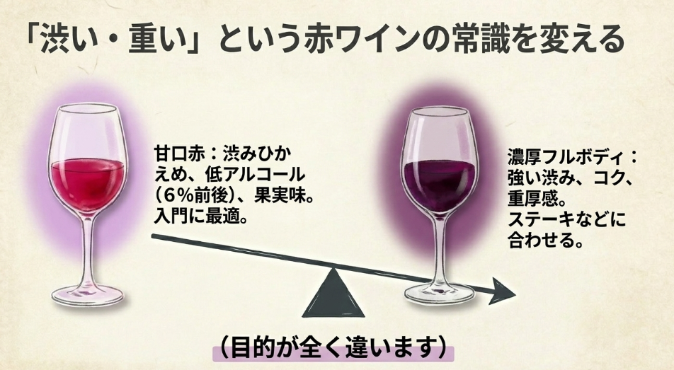 甘口赤ワインと濃厚フルボディ赤ワインの渋みやコクや飲みやすさの違いを比較した画像