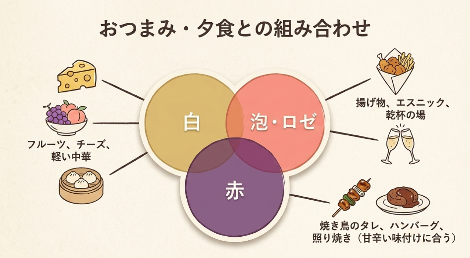 白・赤・泡ロゼの甘口ワインに合うフルーツ、チーズ、揚げ物、焼鳥、ハンバーグなどを示した料理相性図