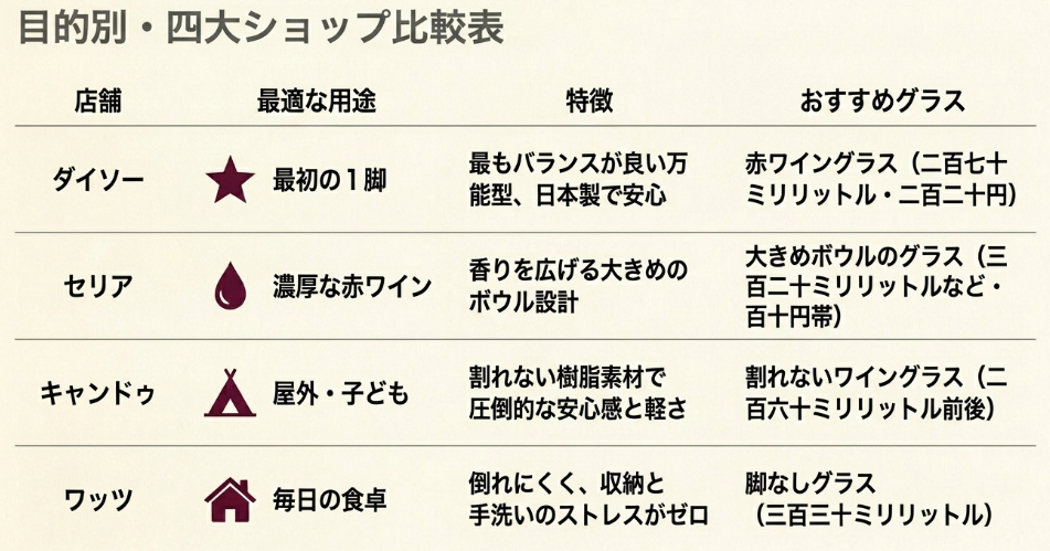 100均ワイングラスをダイソー、セリア、キャンドゥ、ワッツで目的別に比較した表