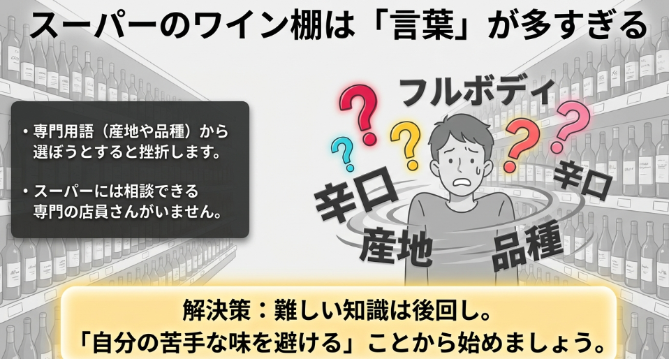 スーパーのワイン棚で、フルボディや辛口、産地、品種などの言葉に迷うワイン初心者を表したスライド