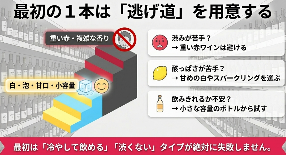 ワイン初心者が重い赤や複雑な香りを避け、白ワイン、泡、甘口、小容量を選ぶ考え方を示したスライド