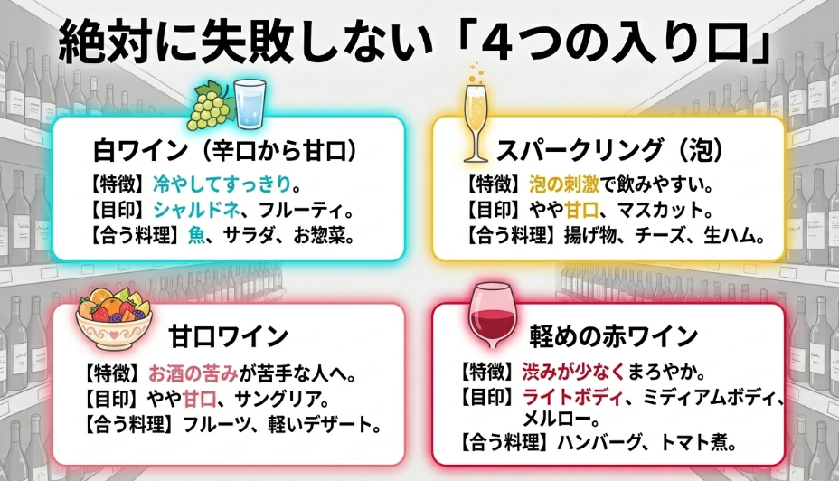 白ワイン、スパークリング、甘口ワイン、軽めの赤ワインという初心者が失敗しにくい4つの入口をまとめたスライド